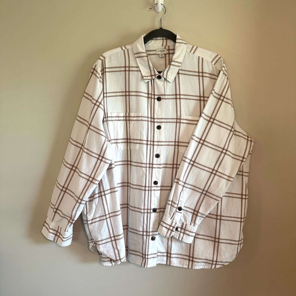 J.Crew Factory Women’s 2X Plaid Shirt Jacket Cream Tan Lightweight Shacket